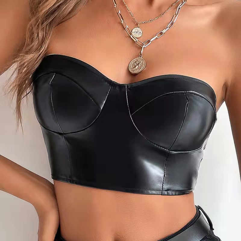 OM-2025 Solid Color Glossy Leather Wrap-Around Cropped Crop Top for Women