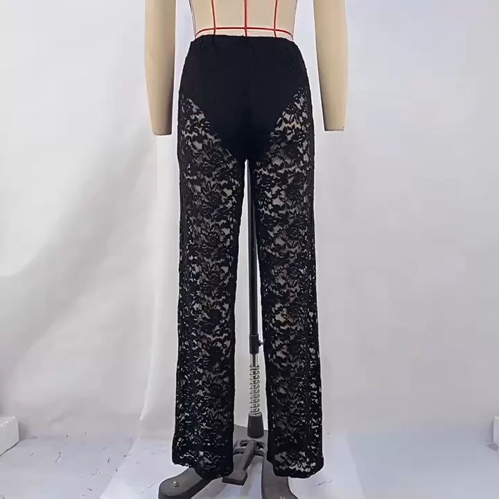OM-2025 Summer New Arrival Sexy and Versatile Lace See-Through High-Waisted Patchwork Long Straight Leg Pants Women's Pants